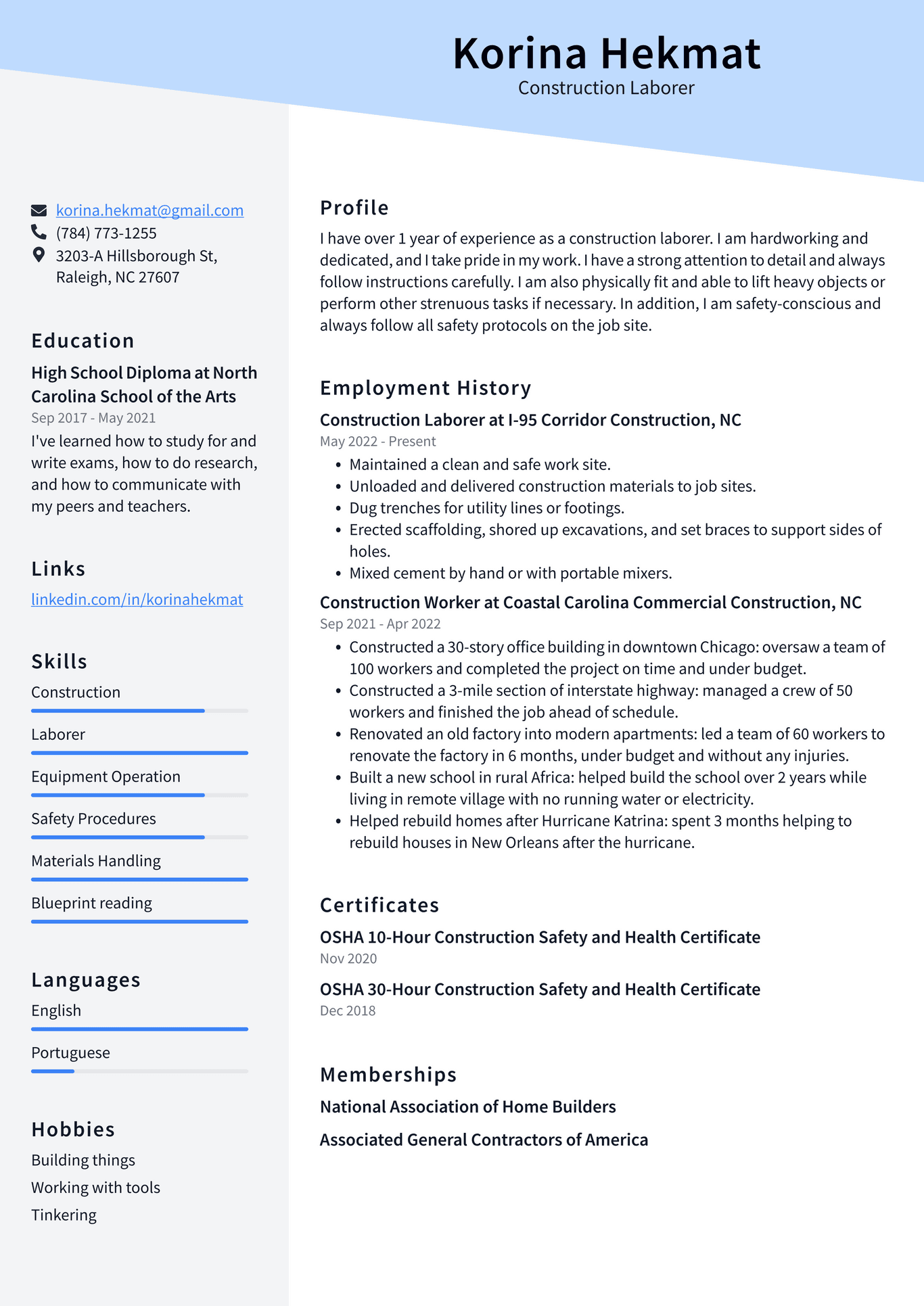 Construction Worker Resume Example and Writing Guide