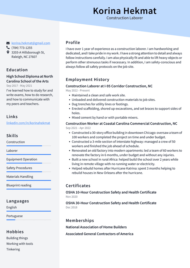Construction Laborer Resume Example