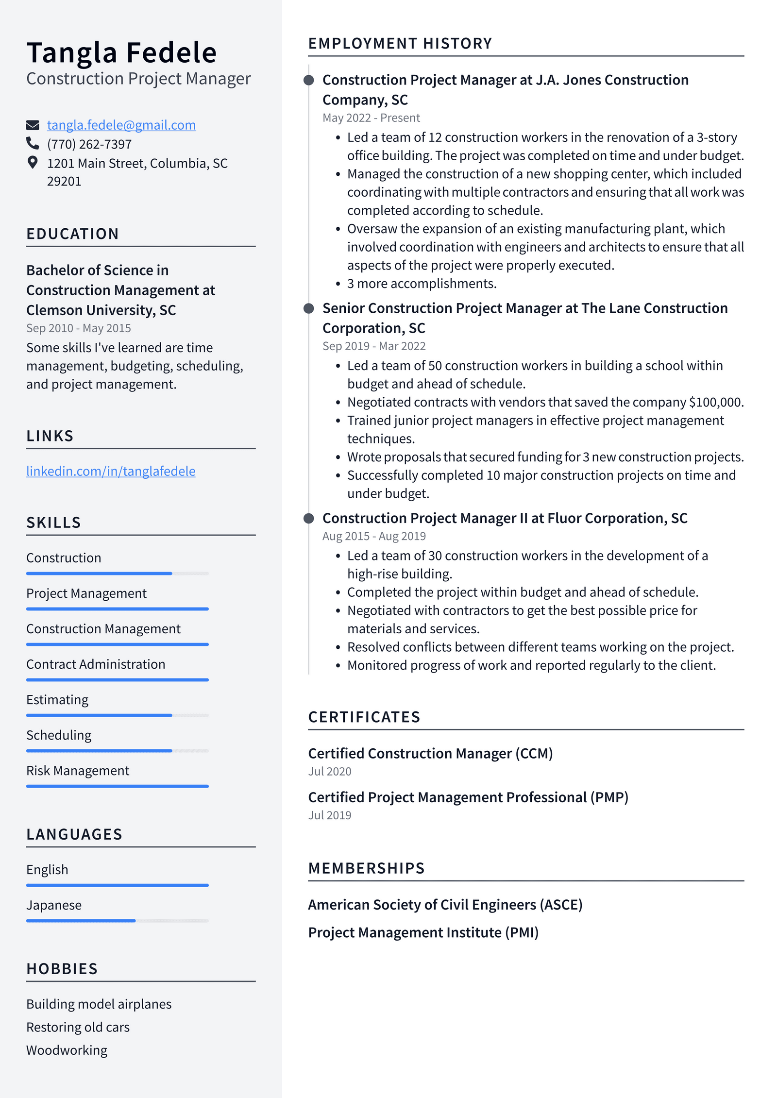 Construction Manager Resume Example and Writing Guide