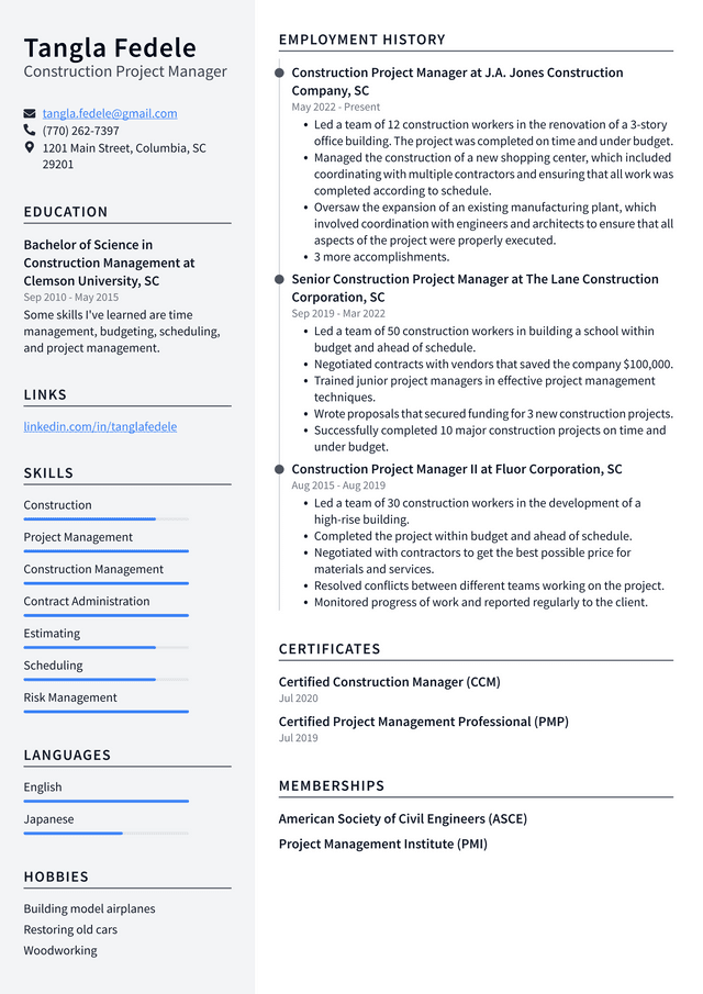 Construction Manager Resume Example And Writing Guide
