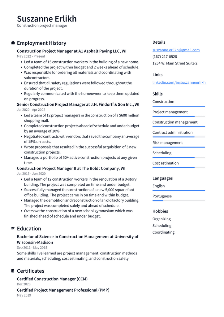Construction project manager Resume Example