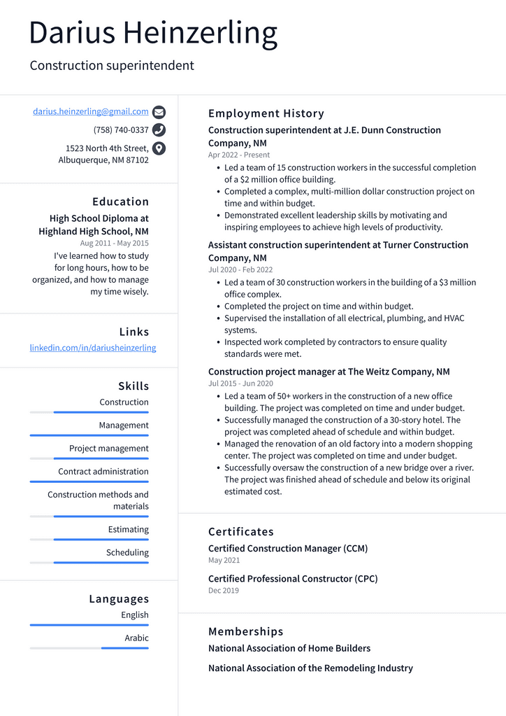 Construction superintendent Resume Example