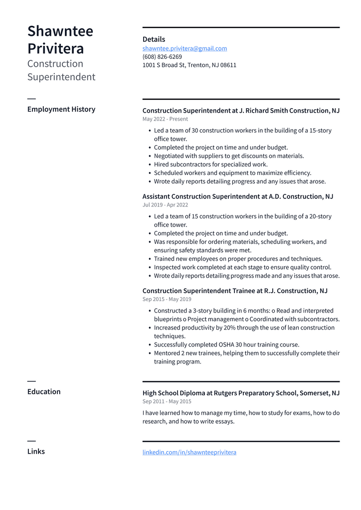 Construction Superintendent Resume Example