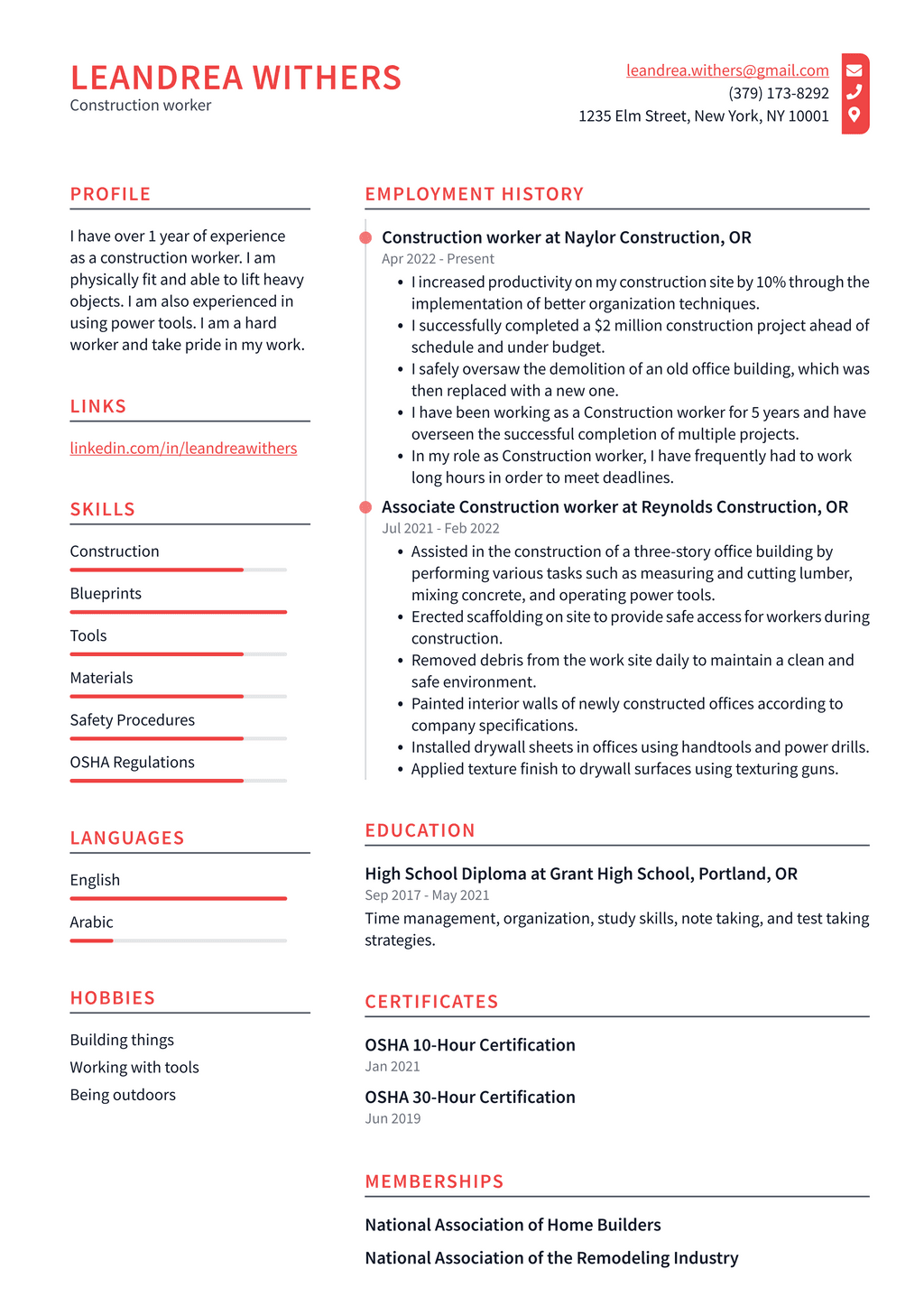 Construction Resume Example and Writing Guide - ResumeLawyer