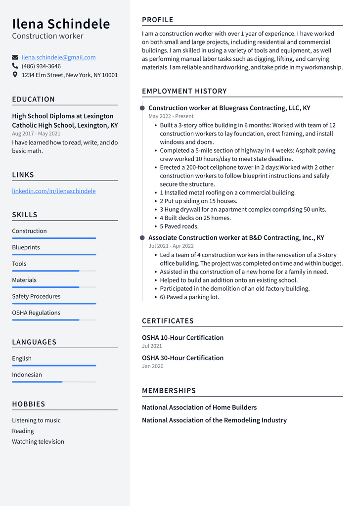 Construction worker Resume Example