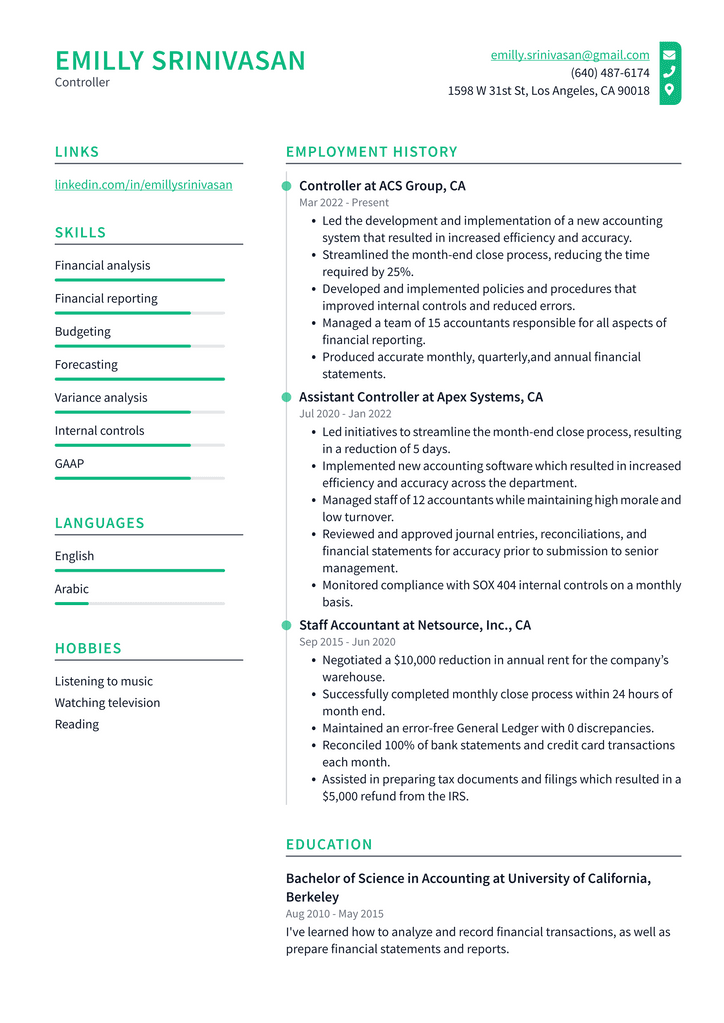 Controller Resume Example