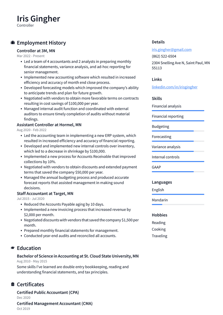 Controller Resume Example