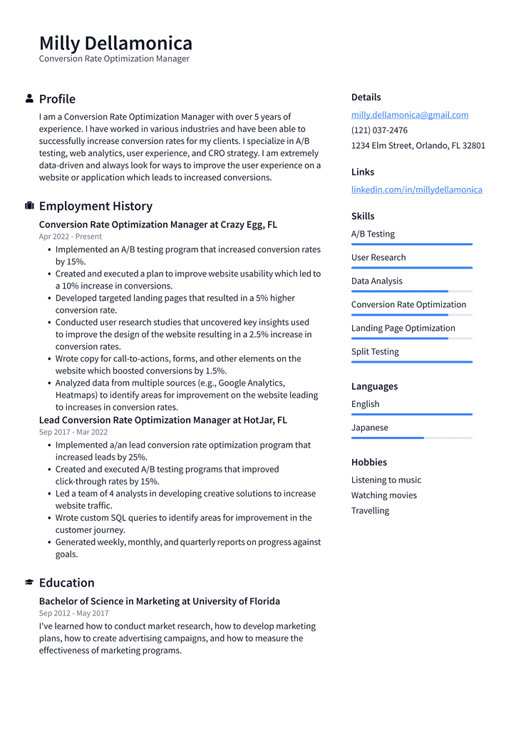 Conversion Rate Optimization Manager Resume Example