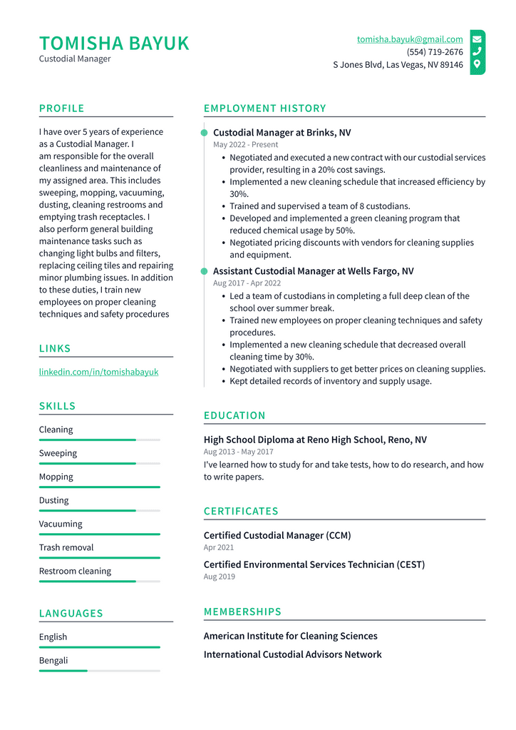 Custodial Manager Resume Example