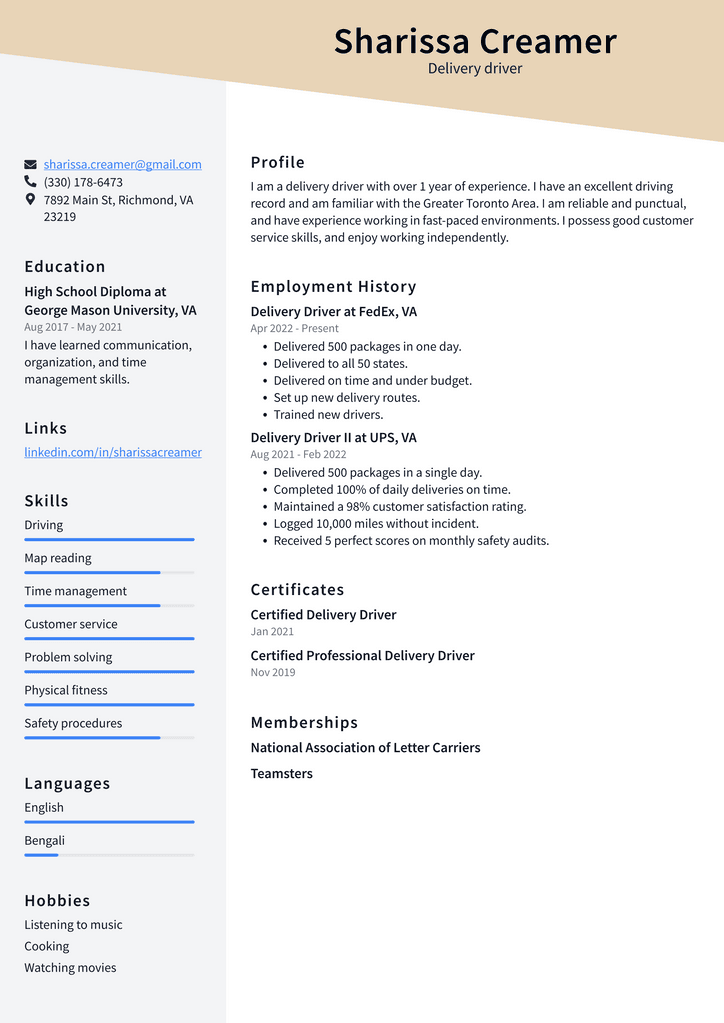 Delivery driver Resume Example