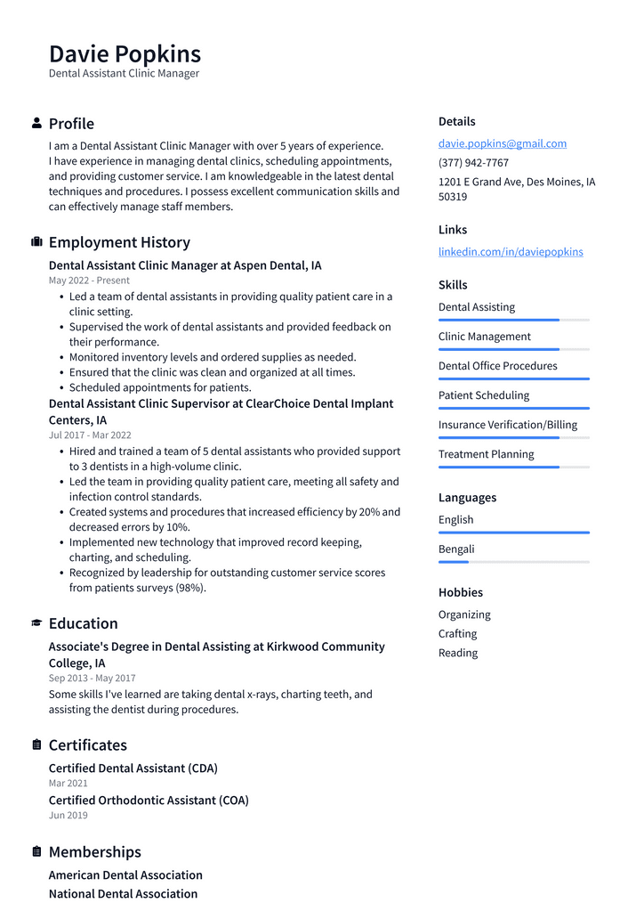 Dental Assistant Clinic Manager Resume Example