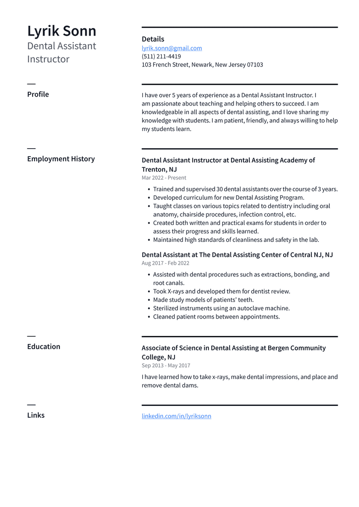Dental Assistant Instructor Resume Example