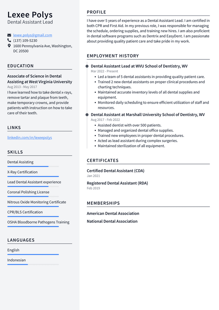 Dental Assistant Lead Resume Example