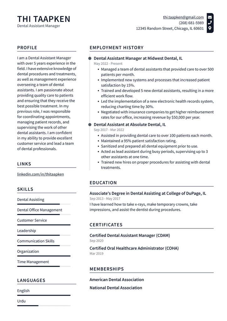 Dental Assistant Manager Resume Example