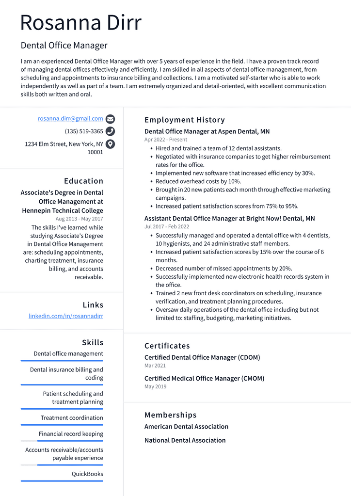 Dental Office Manager Resume Example
