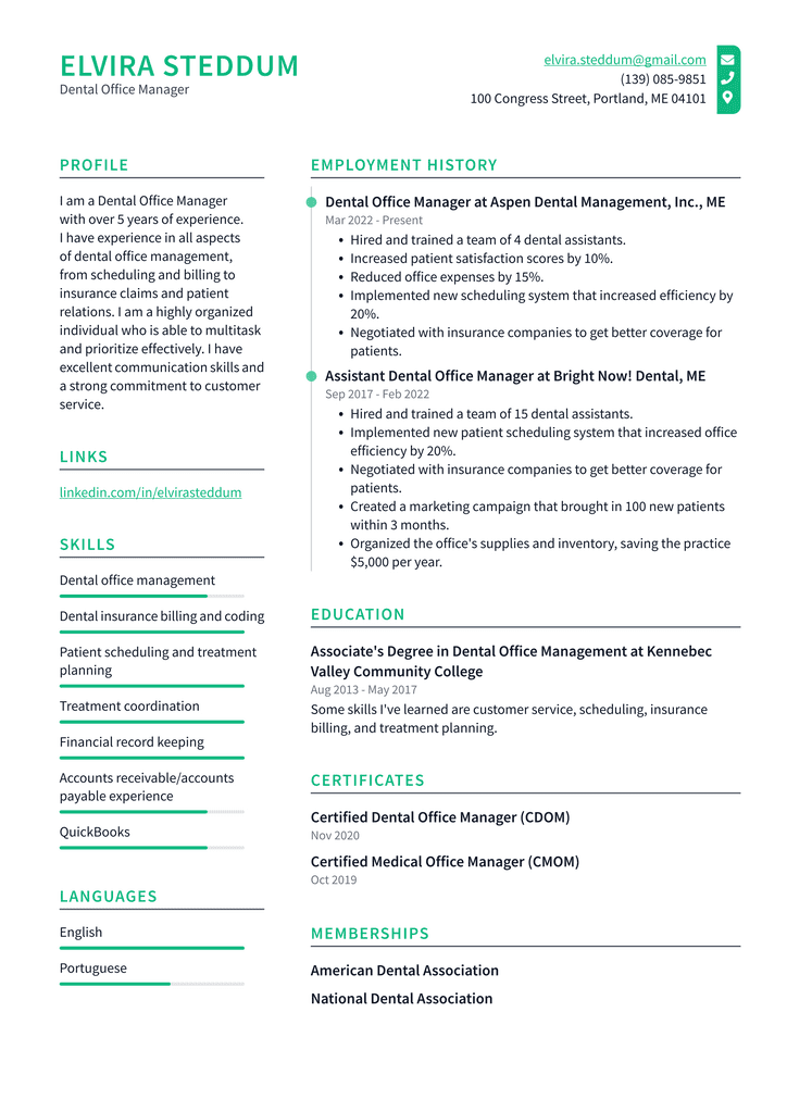 Dental Office Manager Resume Example