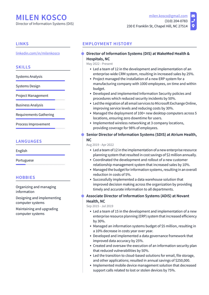 Director of Information Systems (DIS) Resume Example