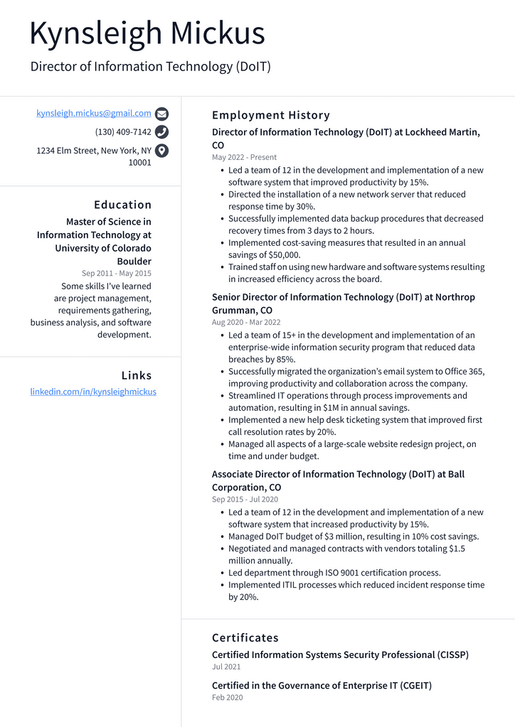 Director of Information Technology (DoIT) Resume Example