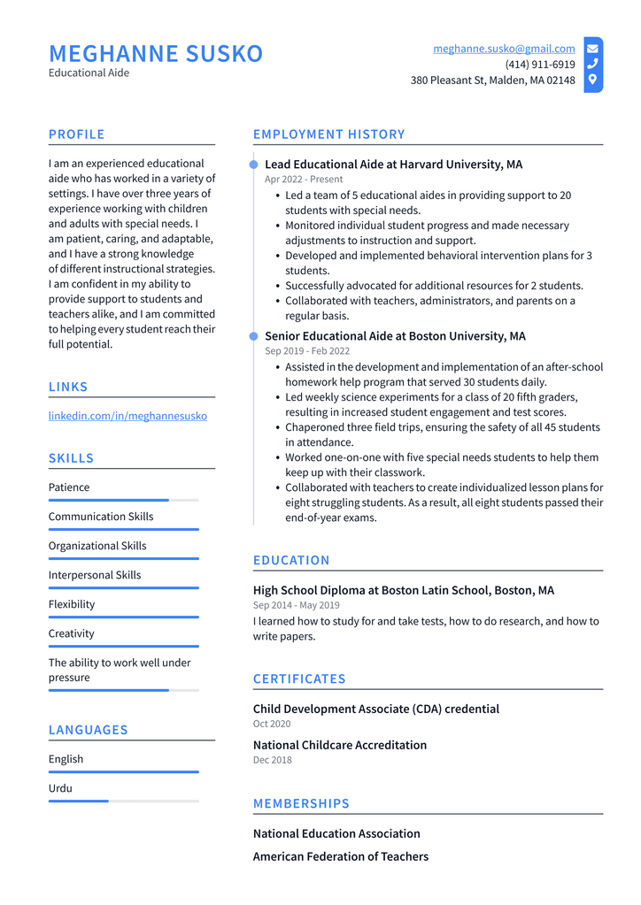 Educational Aide Resume Example