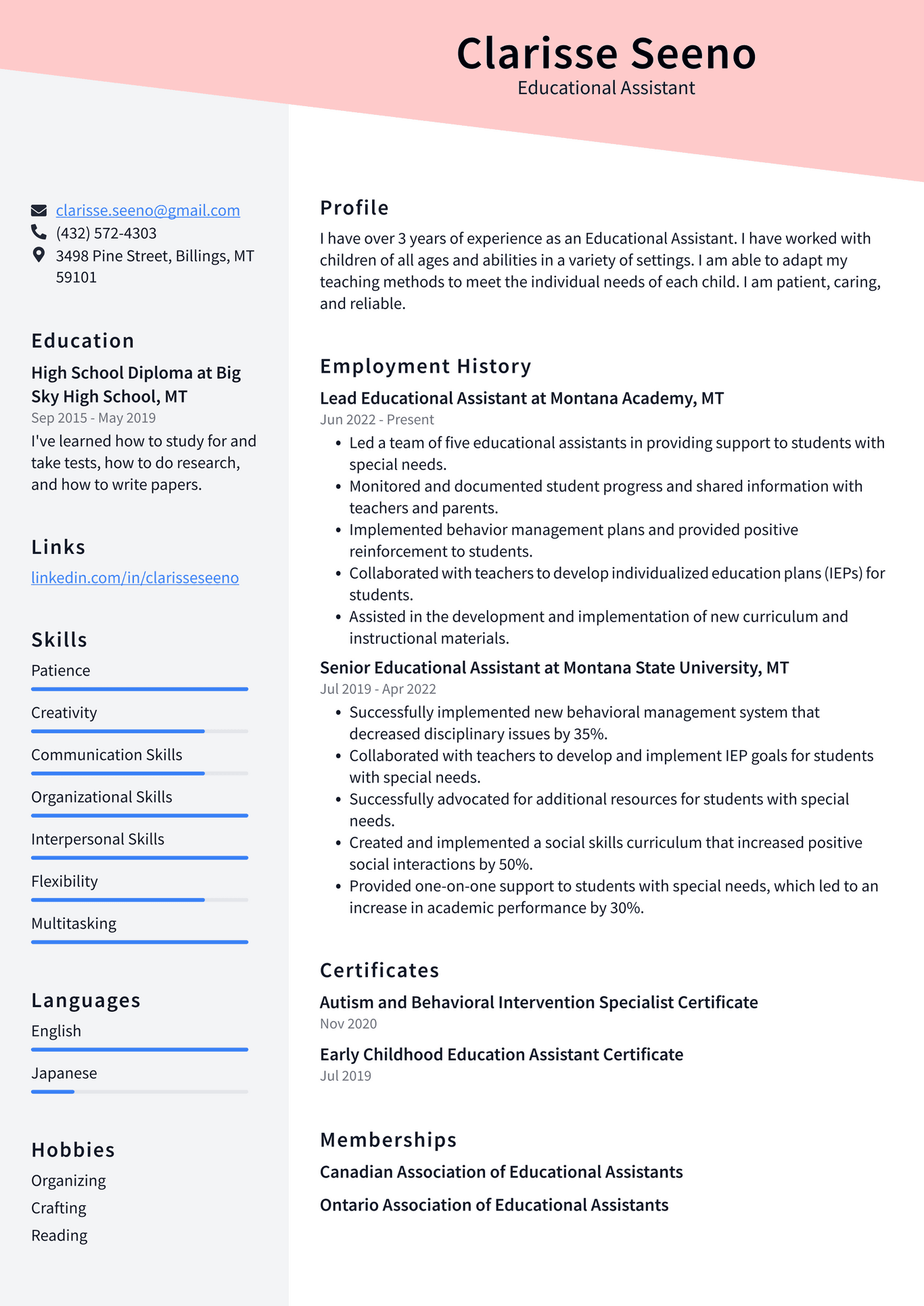 resume example for educational assistant