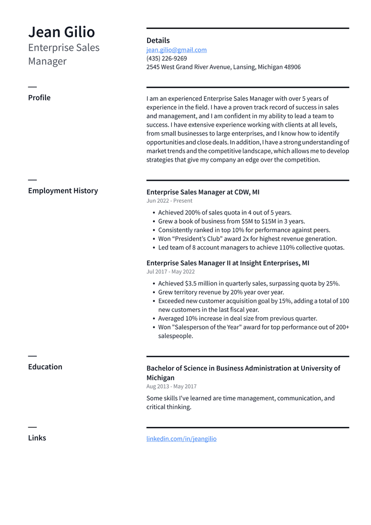 Enterprise Sales Manager Resume Example