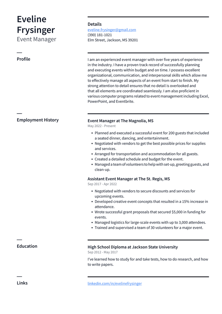 Event Manager Resume Example