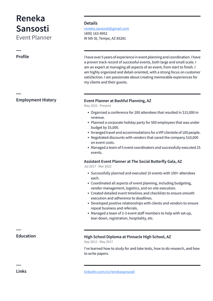 Event Planner Resume Example