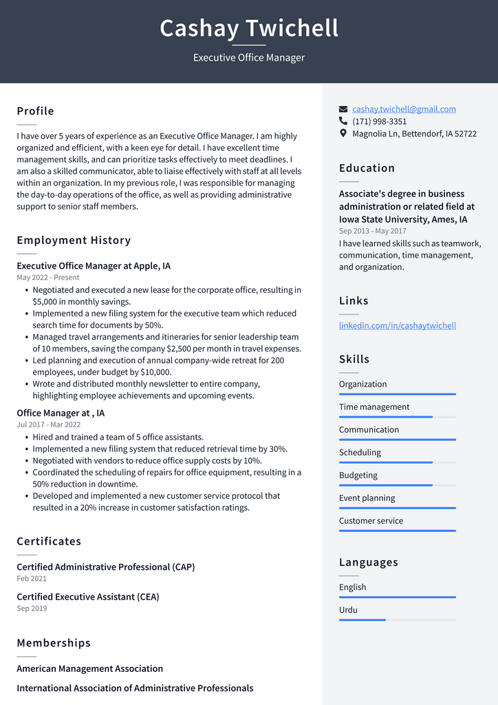 Executive Office Manager Resume Example