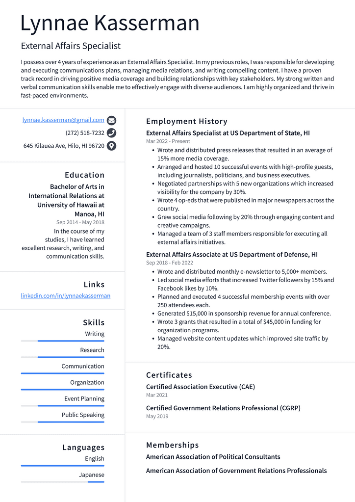 External Affairs Specialist Resume Example
