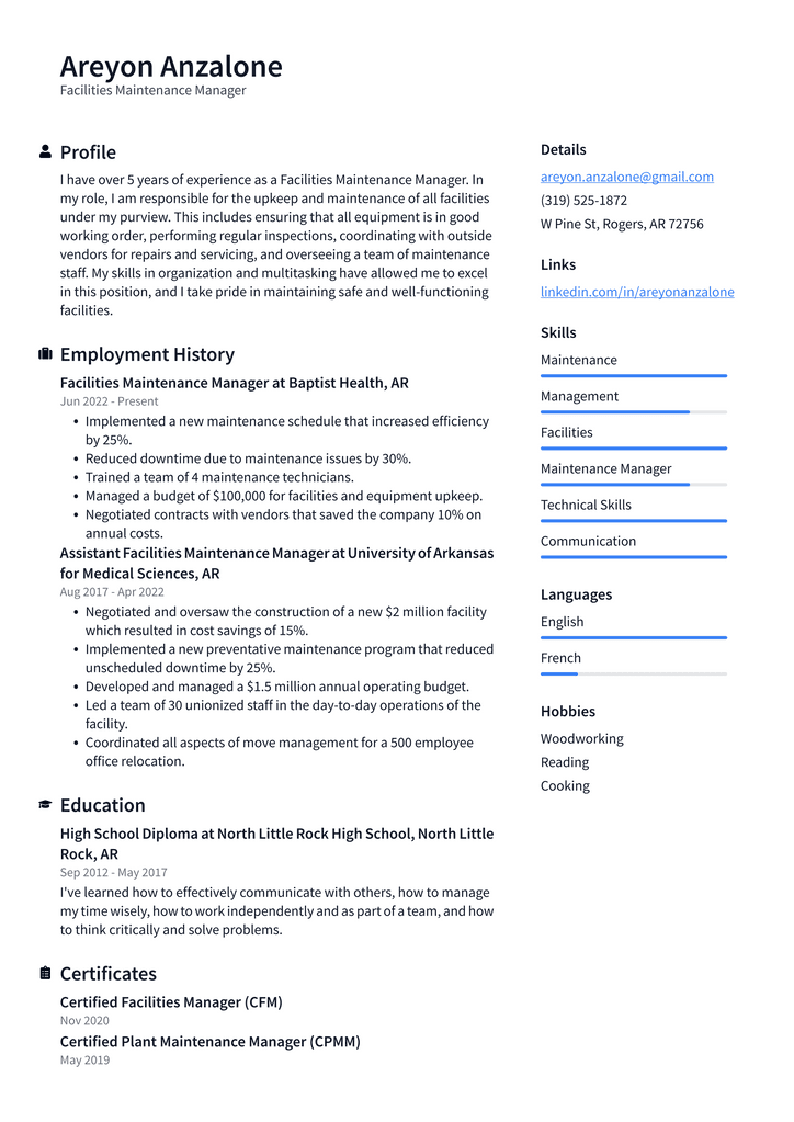 Facilities Maintenance Manager Resume Example