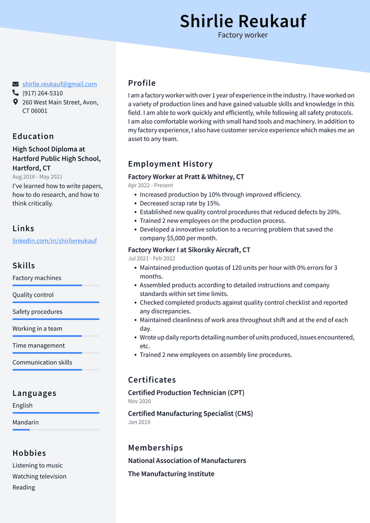 Factory worker Resume Example