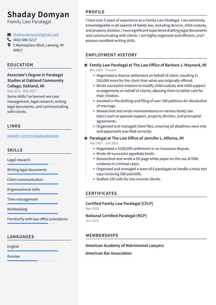 Family Law Paralegal Resume Example