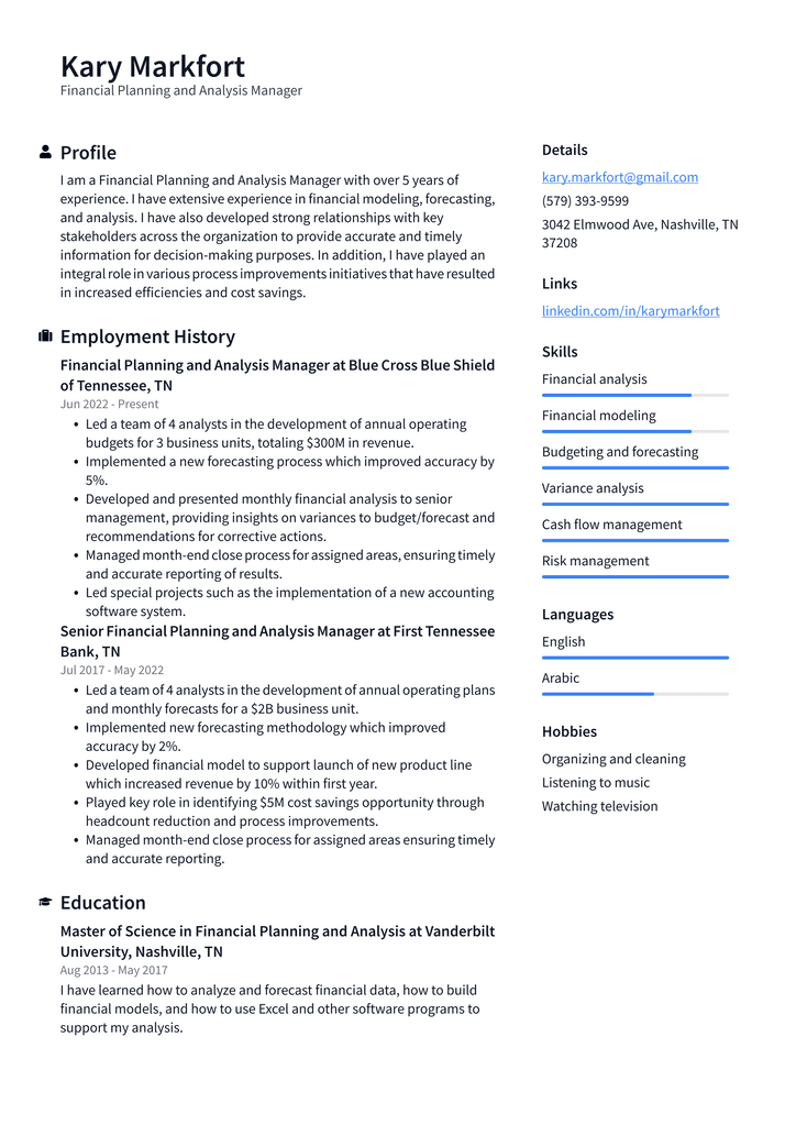 Financial Planning and Analysis Manager Resume Example