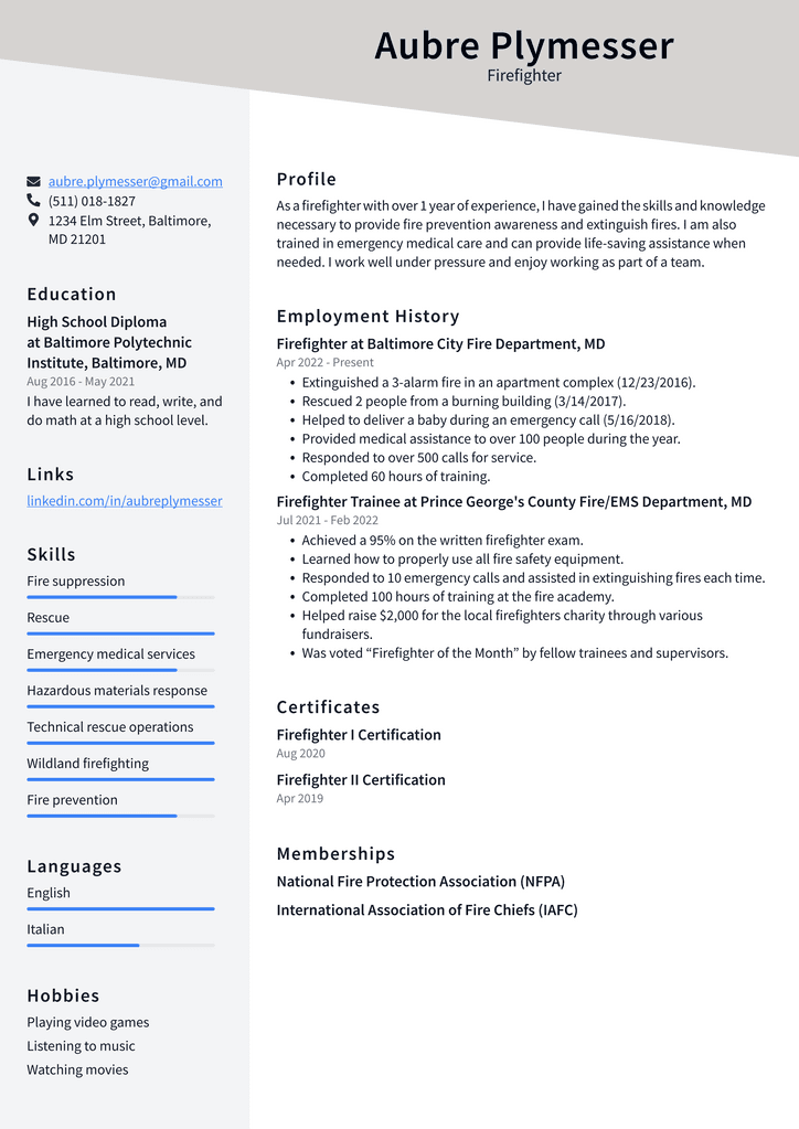 Firefighter Resume Example