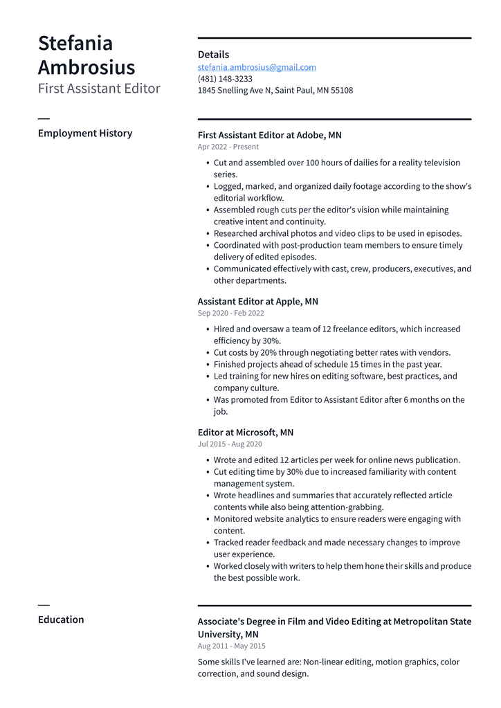 First Assistant Editor Resume Example