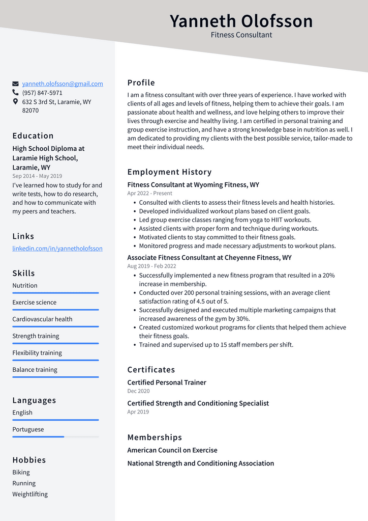 Fitness Consultant Resume Example