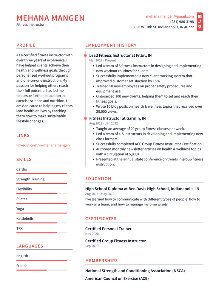 Fitness Instructor Resume Example
