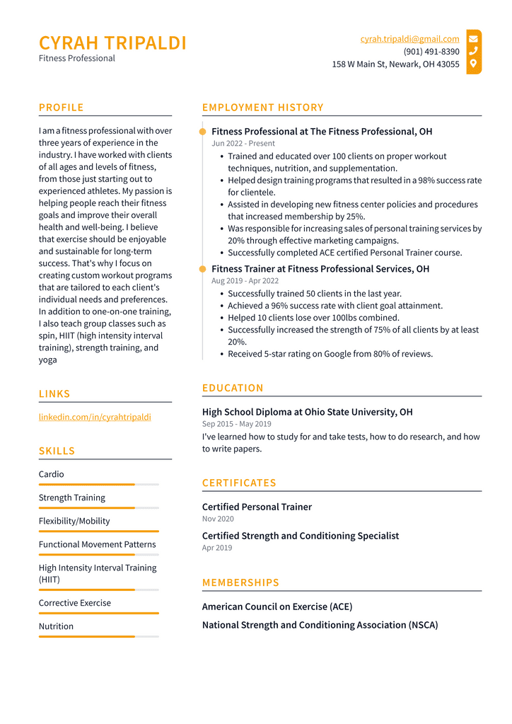 Fitness Professional Resume Example