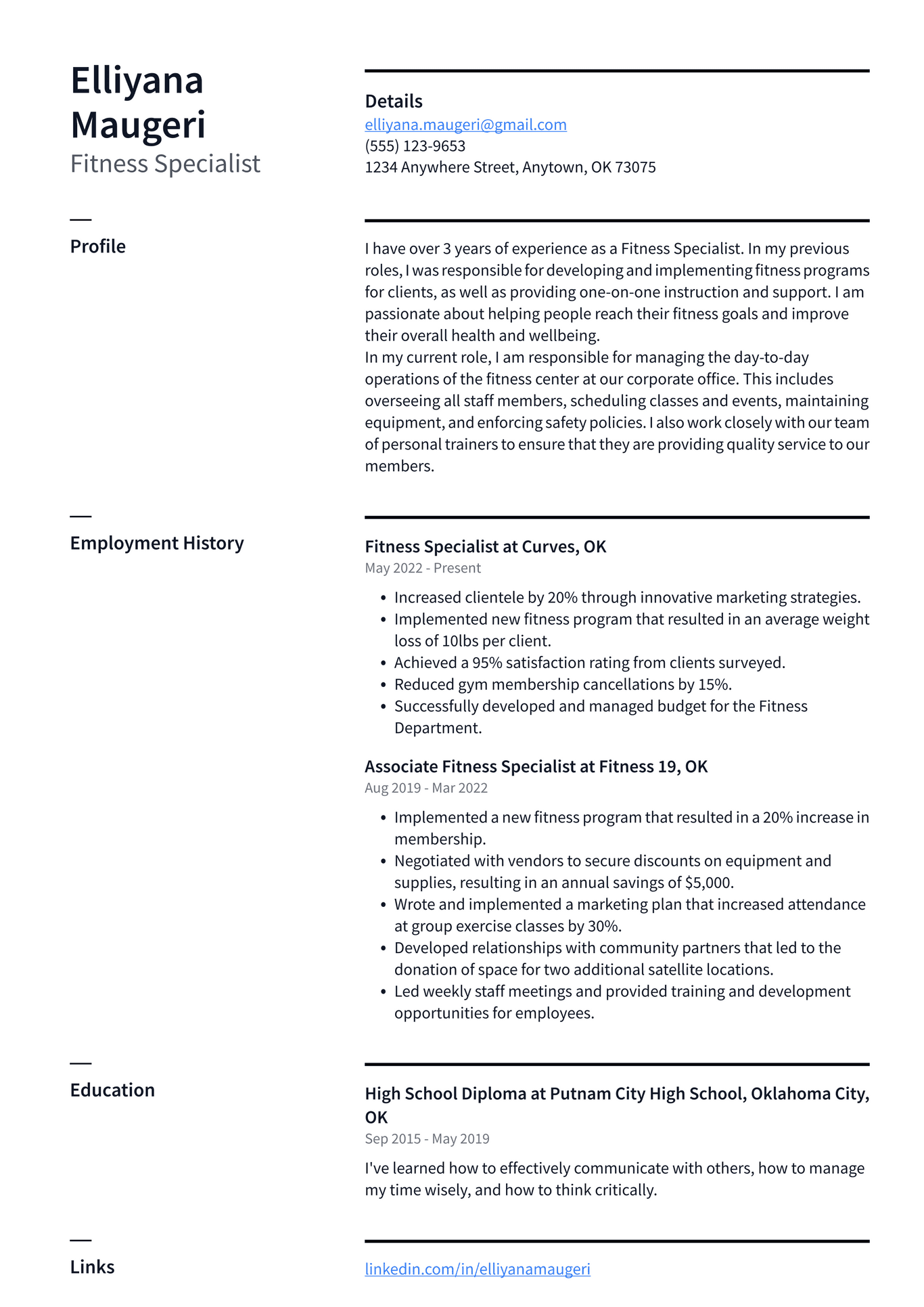Fitness Instructor Resume Example - Fitness Specialist Resume Example KuL4G 1366w