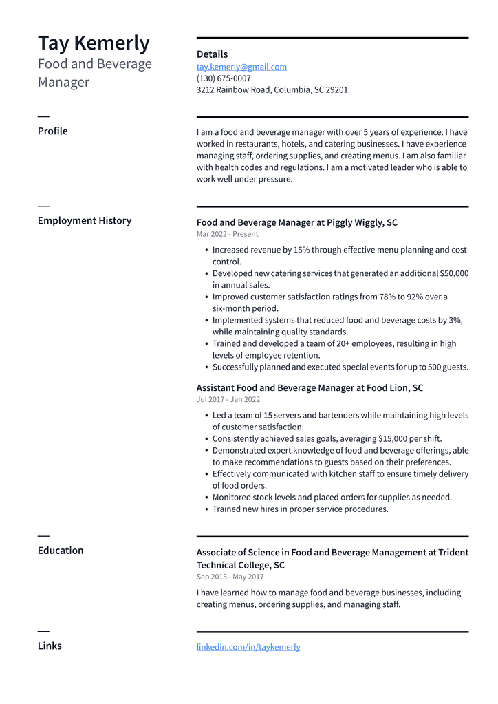 Food and Beverage Manager Resume Example