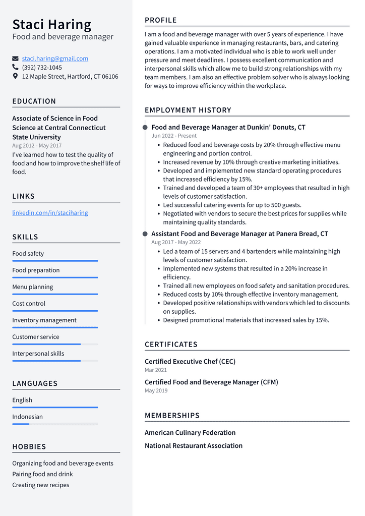 Food and beverage manager Resume Example