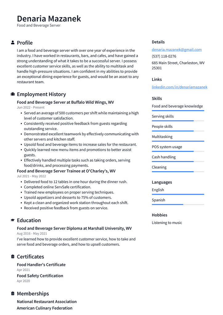 Food and Beverage Server Resume Example