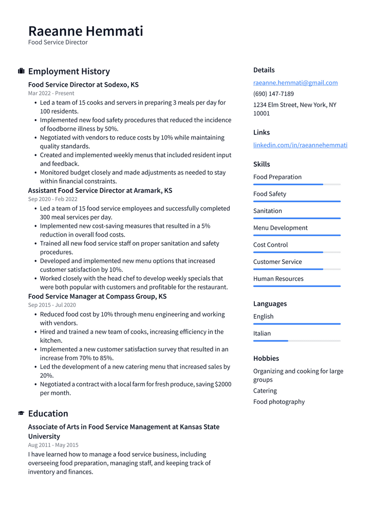 Food Service Director Resume Example