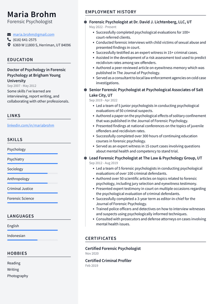 Forensic Psychologist Resume Example