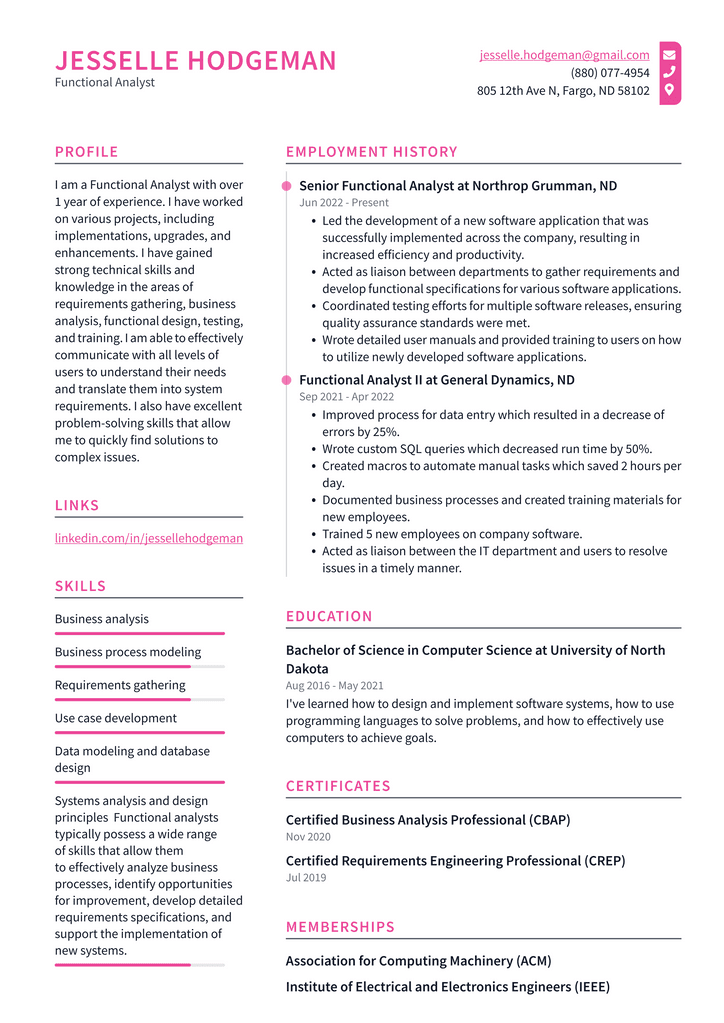Functional Analyst Resume Example