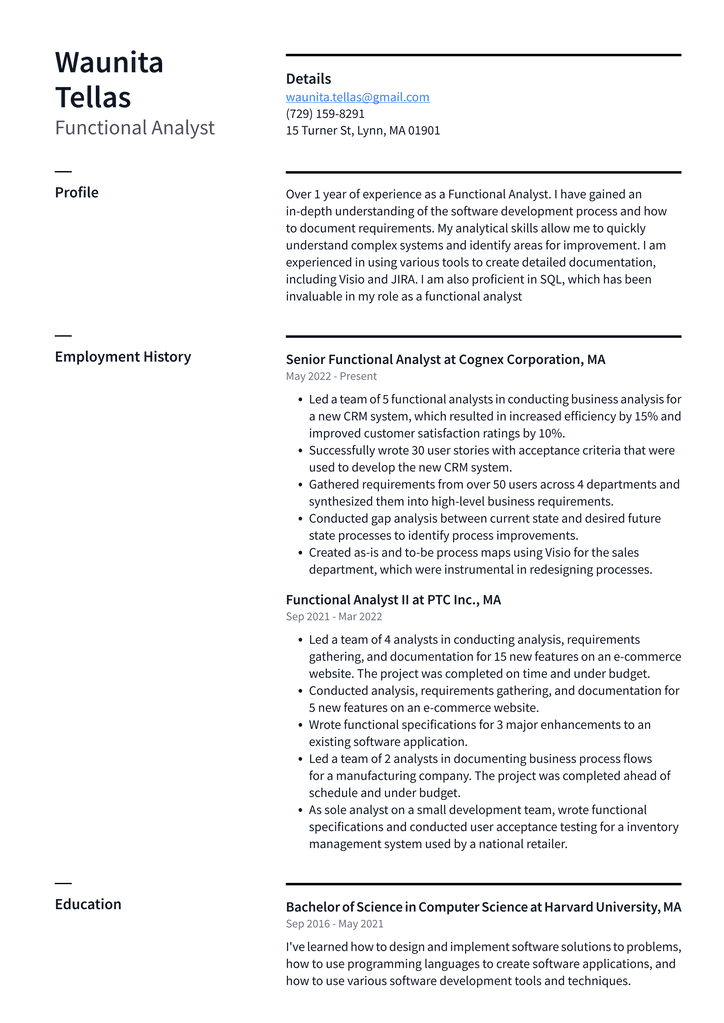 Functional Analyst Resume Example