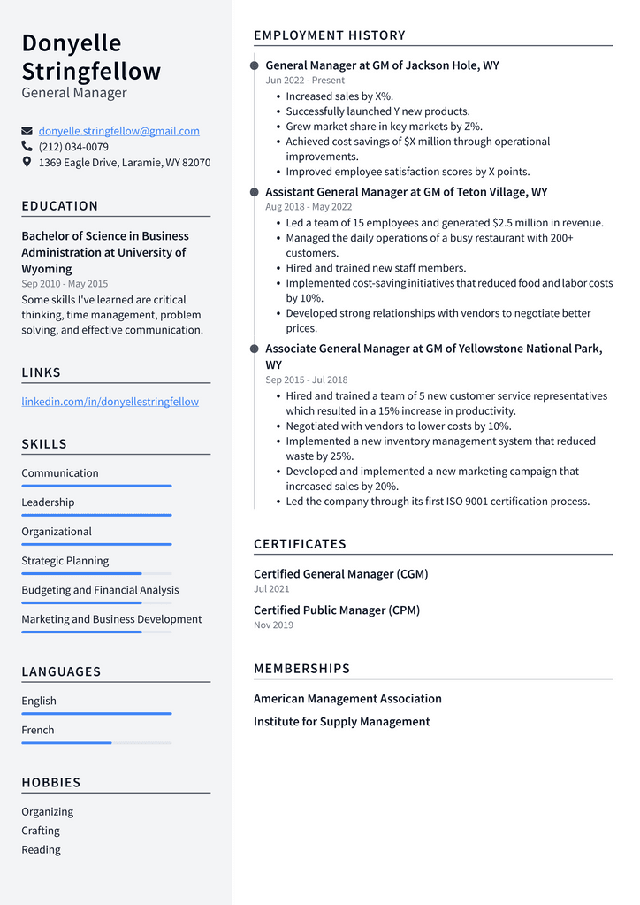 General Manager Resume Example