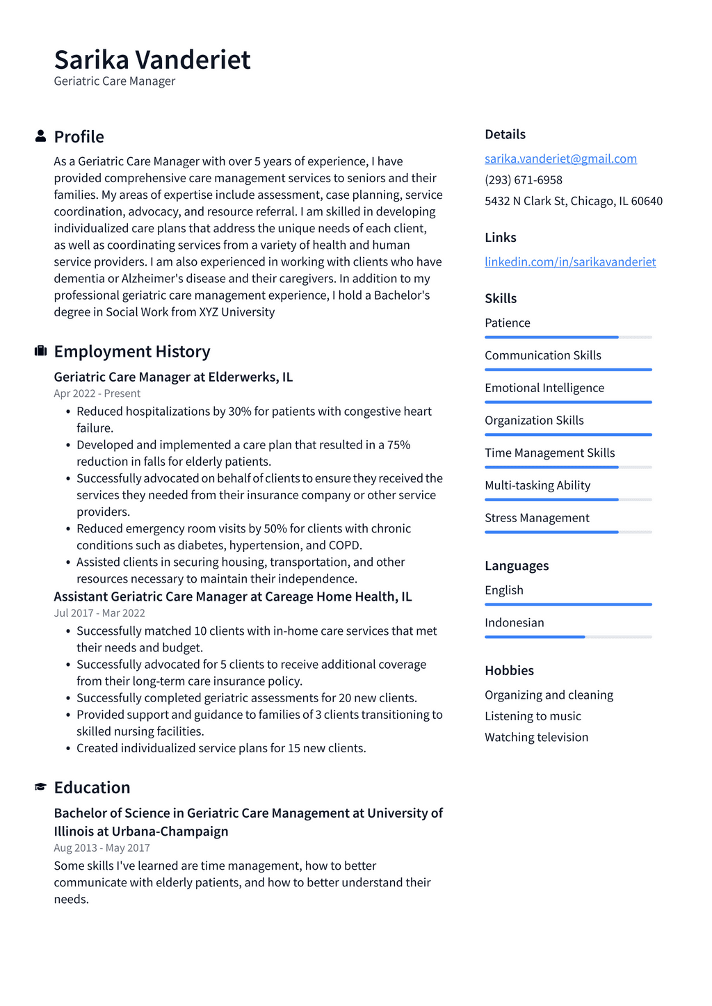 Geriatric Social Worker Resume Example and Writing Guide