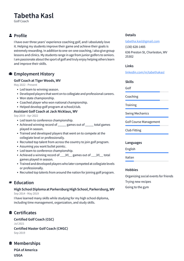 Golf Instructor Resume Example and Writing Guide - ResumeLawyer