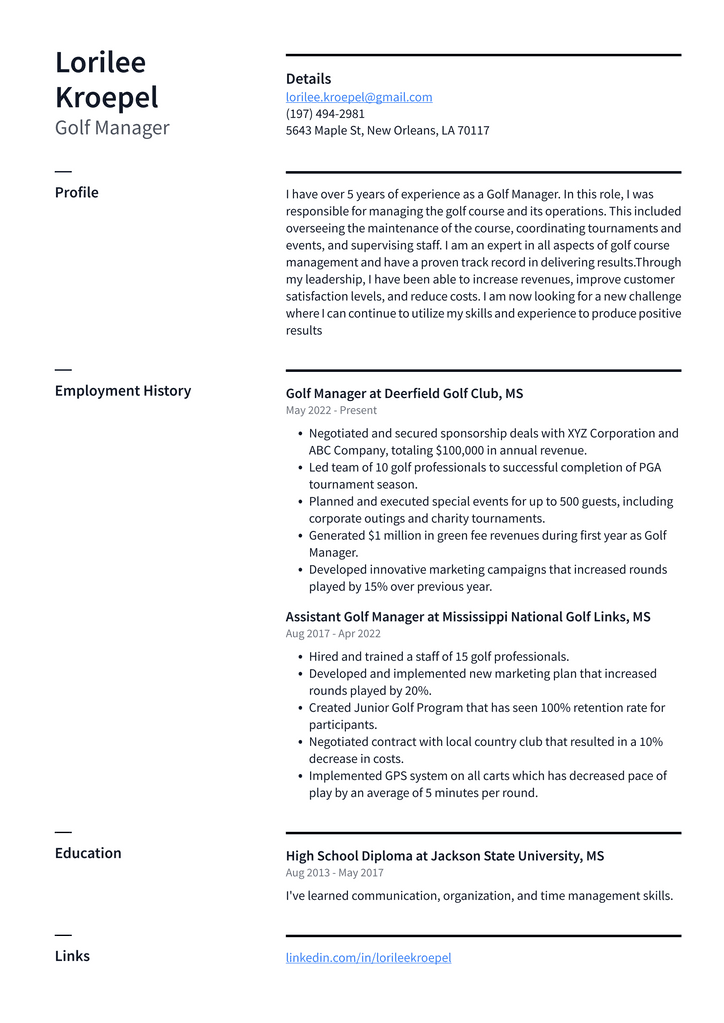 Golf Manager Resume Example